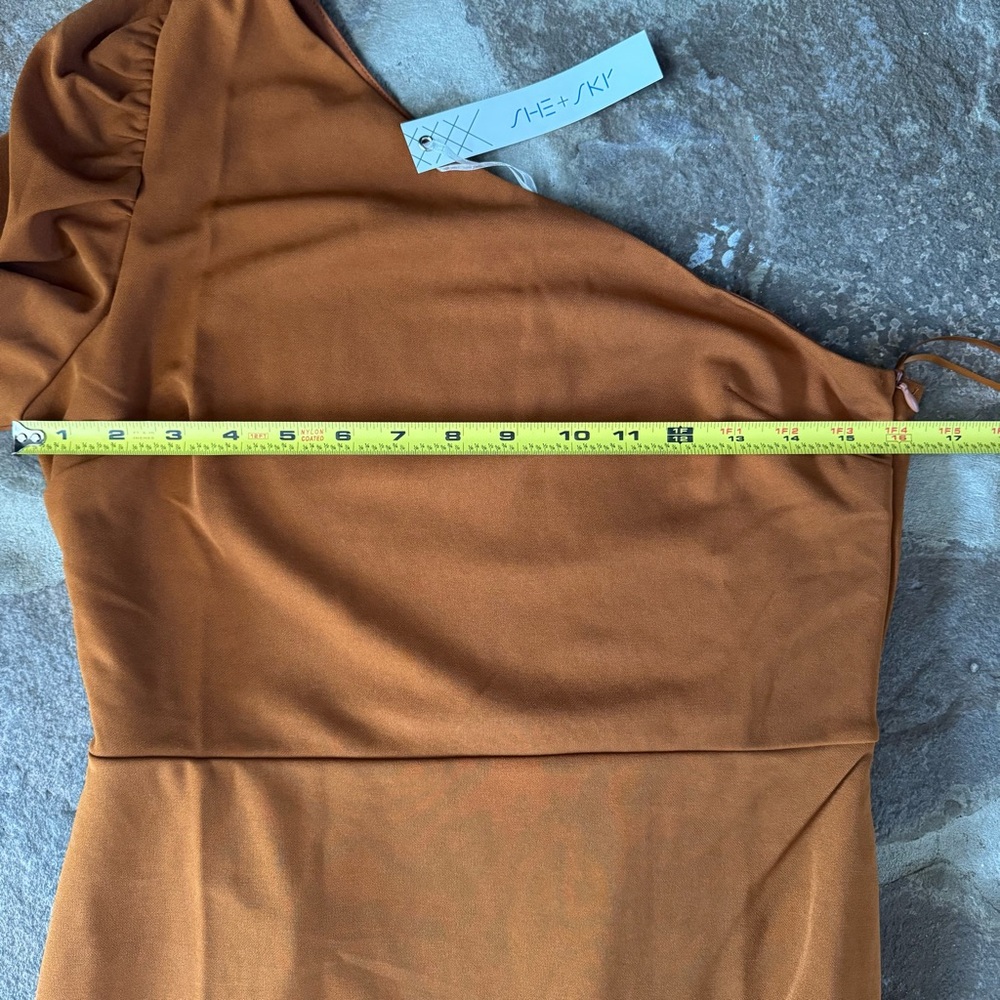 She + Sky One-Shoulder Dress in Warm Orange Rust - Picture 5 of 8